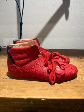 Gucci Red High-Top GG-Embossed Leather Sneakers with Navy Heel